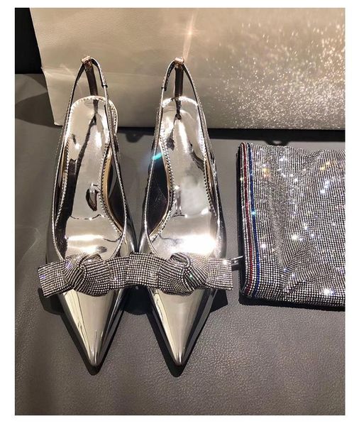 

dress shoes 2021 spring, summer and autumn fashion all-match rhinestone pointed toe women's with bow-knot large size heel, Black