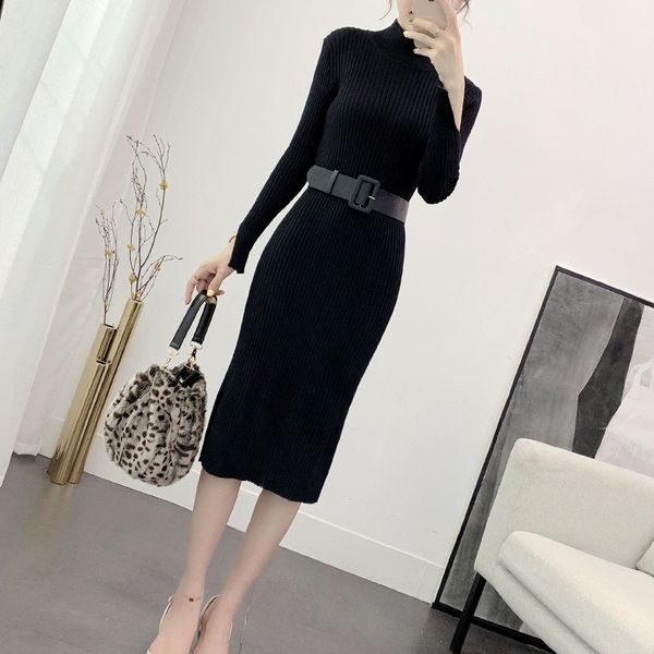 

female autumn wearing maxi ladies knitted or crocheted long color long sleeve, waist sweater vu3r, Black;gray