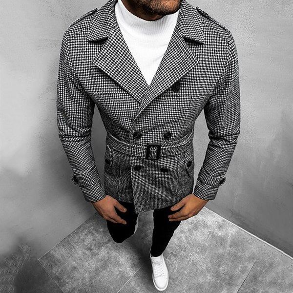 

men's wool & blends fashion elegant men jackets turn-down collar long sleeve casual button up plaid for outwear veste homme, Black