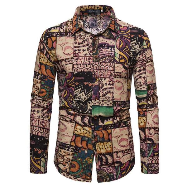 

men's casual shirts autumn 2021 large shirt, national wind print long-sleeved fashion slim lapel shirt, White;black