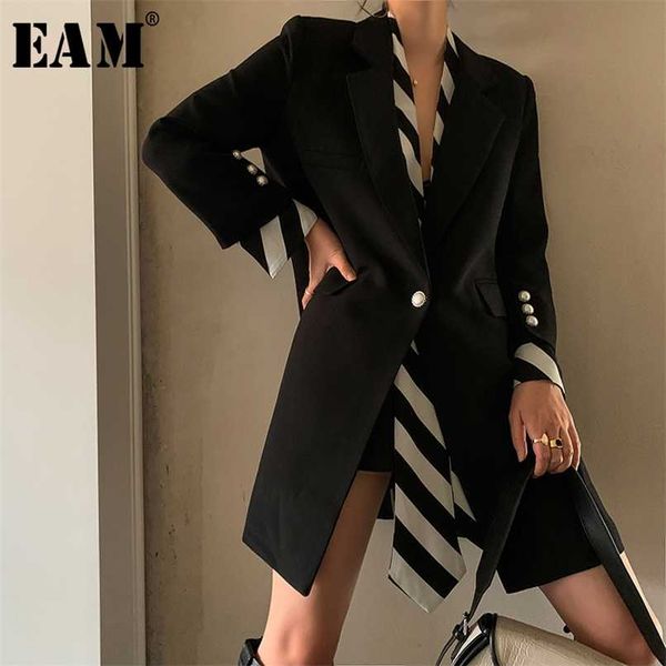 

[eam] women black striped printed stitch long blazer lapel sleeve loose fit jacket fashion spring autumn 1w479 210930, White;black