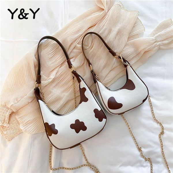 

cross body y&y niche style milk cow pattern saddle bags retro chain moon mini shoulder armpit lady designer