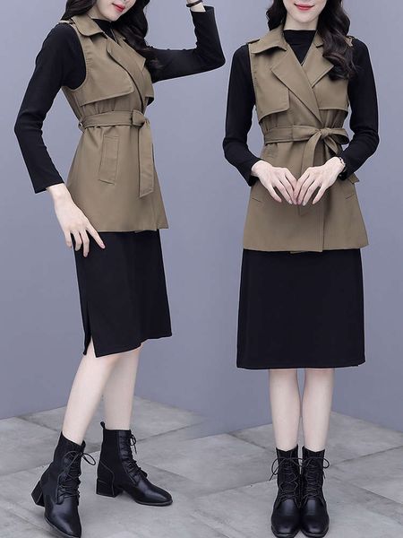 

windbreaker waistcoat knitted dress suit spring autumn new fashion temperament waist down and thin shoulder jacket two piece set, White