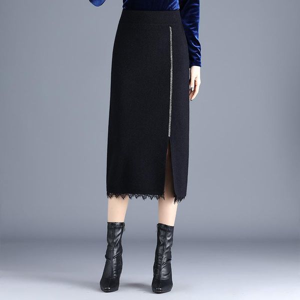 

autumn winter new arrival elastic high waist thin lace wool skirt stretch all-match casual women a-line long skirt ing, Black