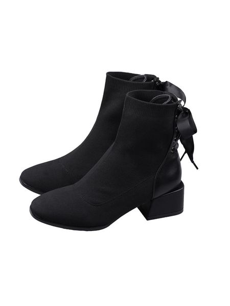 

boots ins slim women's 2021 wild spring and autumn stockings thick heel stretch ankle trend, Black
