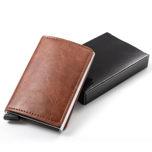

card holders casekey holder wallet men women metal rfid vintage aluminium bag crazy horse pu leather bank cardholder case, Brown;gray