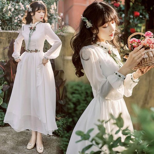 

casual dresses yosimi white chiffon dress women elegant 2021 summer stand neck fit and flare floral embroidery long sleeve evening party, Black;gray