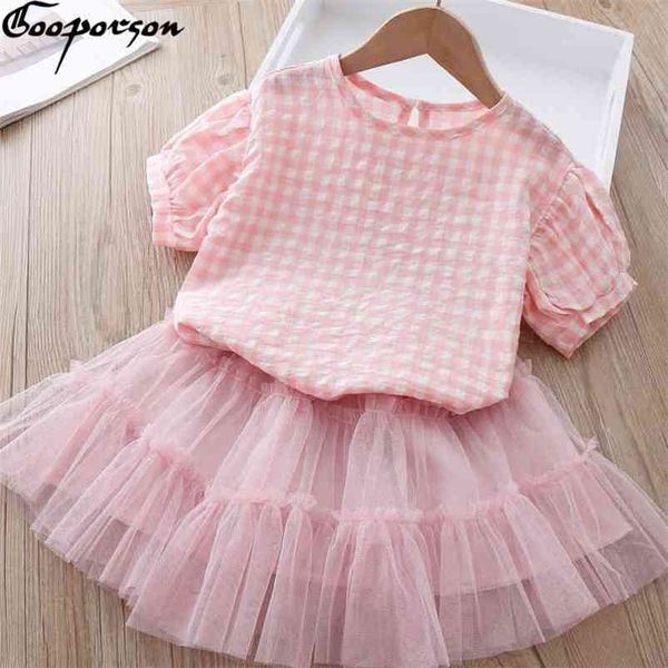 

gooporson kids clothes summer plaid short sleeve mesh cake skirt little girls clothing set fashion toddler girl outfits 210715, White