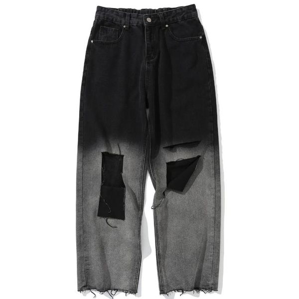 

men's pants 2021 autumn oversized straight-leg retro style gradient patch broken edge harajuku trousers hip-hop casual street, Black