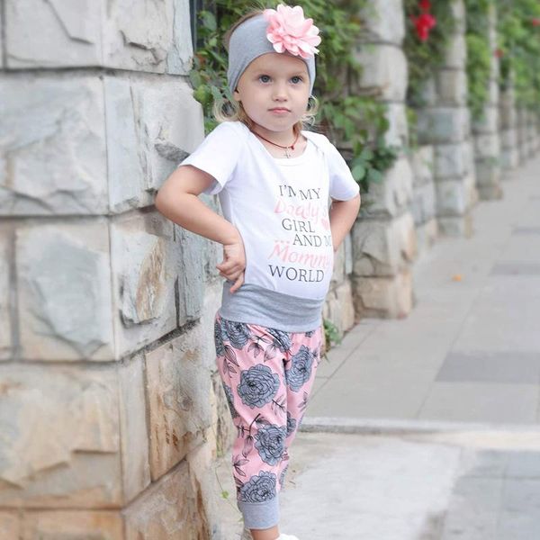 

clothing sets baby boys girls clothes summer short sleeve letter print ropmper+flower pants+hat+headband infant casual outfit set a14, White