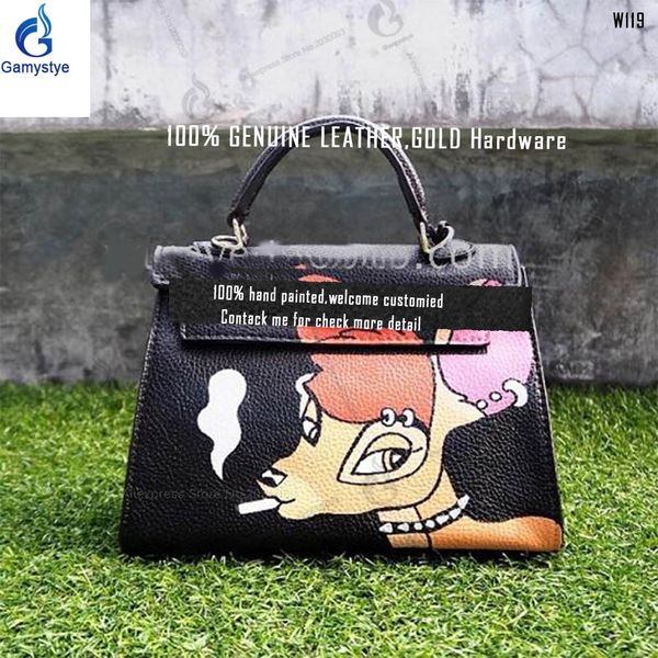 

hand painted genuine leather handbag messenger bag women luxury handbags with rock punk elk deer smokes, Black;red