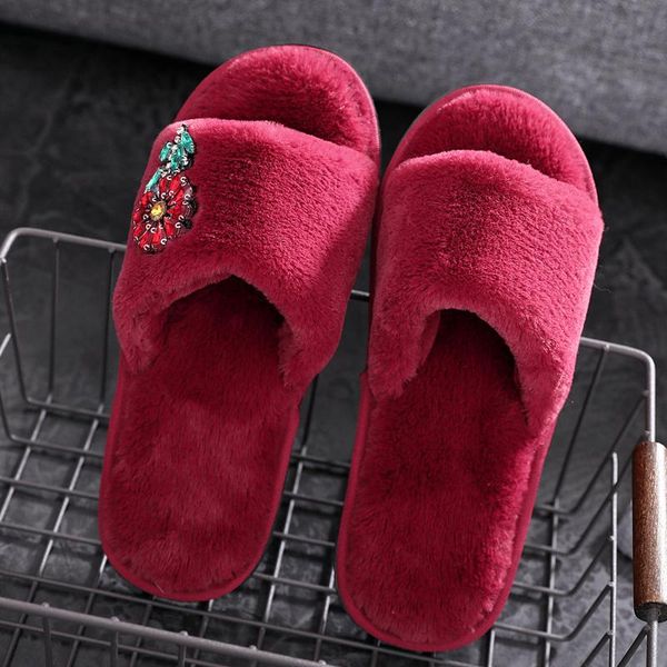 

slippers 2021 winter autumn indoor house women classics crystal flats shoes with fur, Black