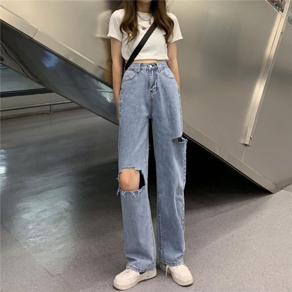 

Light Blue Denim Trousers Retro Womens Pant Wide Leg Ripped High Waist Casual Jeans Women, Black;white