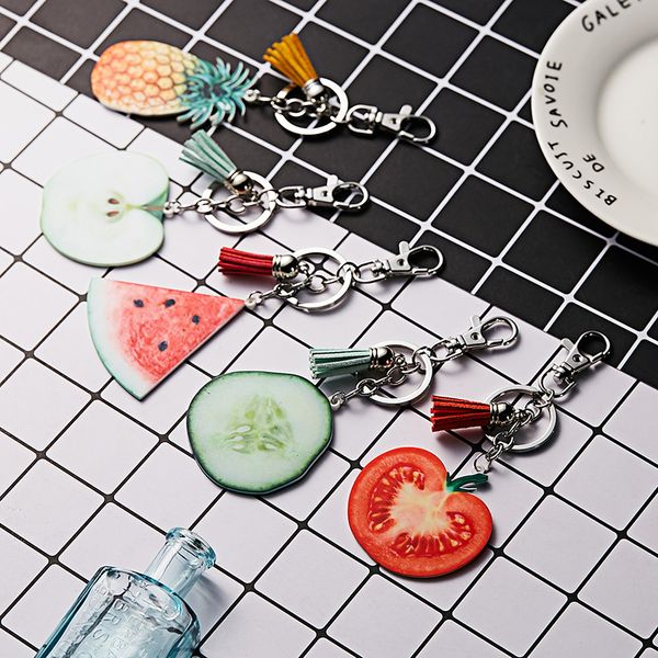 

fruit key rings delicate watermelon pineapple girl keyring velvet tassel acrylic keychain handbag pendant accessories, Slivery;golden