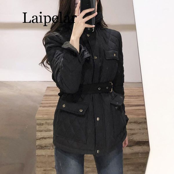 

women's down & parkas laipelar 2021 winter solid zipper women thicken outwear slim high street female sashes pocket warm cotton coat1, Black