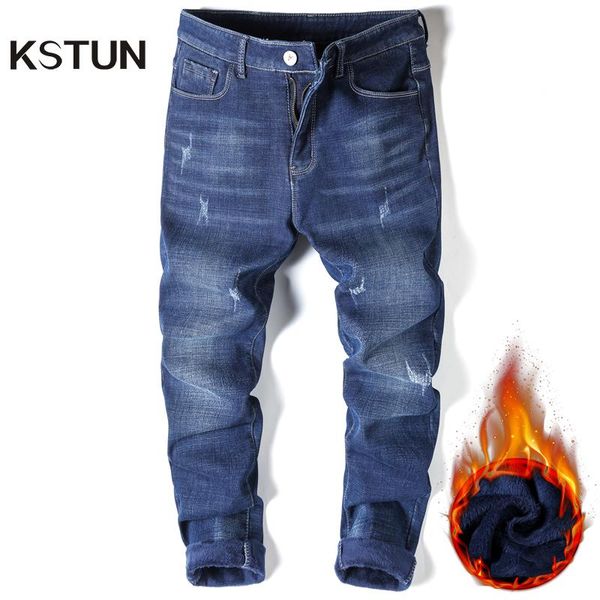 

men's jeans winter men warm blue slim straight fashion thicken denim trousers fleece stretch brand pants male business casual