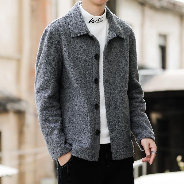 

men's jackets 2021 autumn plush jacket men korean fashion causal coats slim fit turn-down collar street button outerwear male clothing, Black;brown