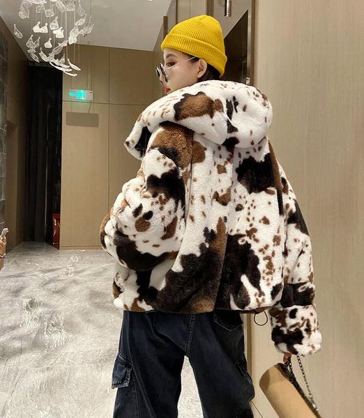 

winter hooded hairy shaggy tuscan cow leopard fur coat long sleeve furry women jacket short outerwear stay warm, Black