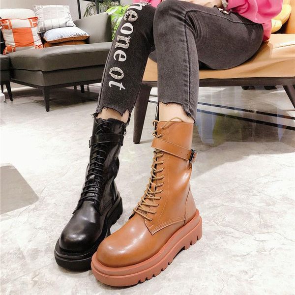 

boots 2021 ins women ankle platform round toe 5cm heel lace up and zip fashion shoes for woman botas mujer, Black