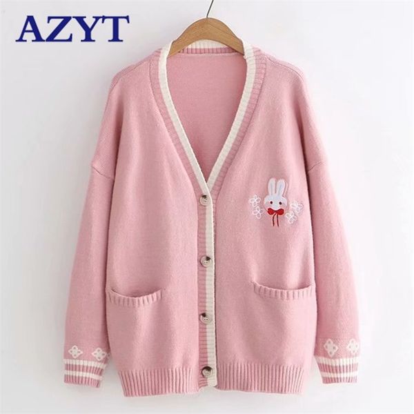 Azyt dos desenhos animados bordado coelho camisola cardigan coreano chique solto feminino knitshirt v pescoço cardigan jaqueta mulheres 210812