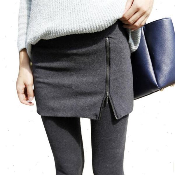 

autumn side zipper leggings women cotton culottes legging female leggins spring stitching fake two pieces skirt legging, Black