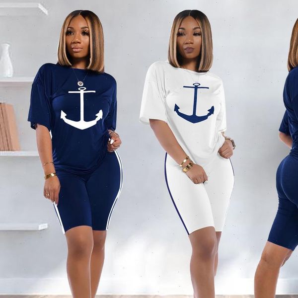 

2021 summer new womens 2 pieces shorts sets boat anchor print t shirt biker shorts outfits elastic high rise shorts suits set, Gray