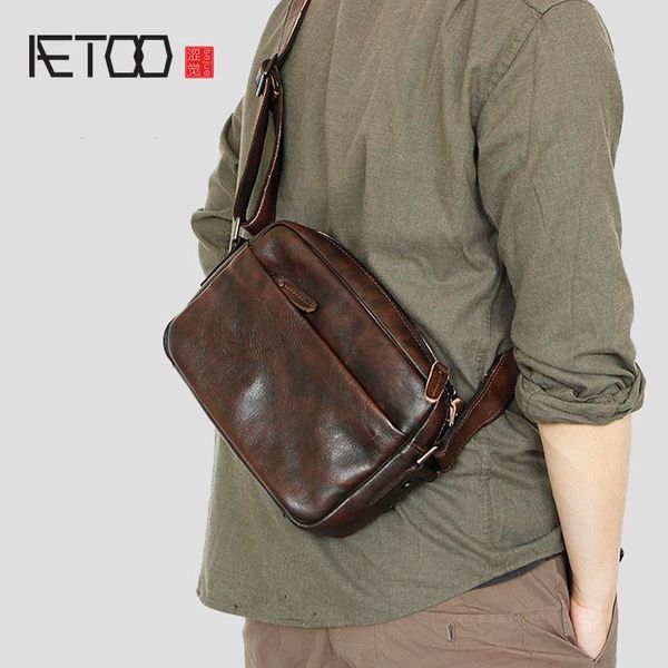 

HBP AETOO Men's Leather Shoulder Bag, Fashionable First Layer Leather Men's Messenger Bag, Horizontal Mini Satchel, Black
