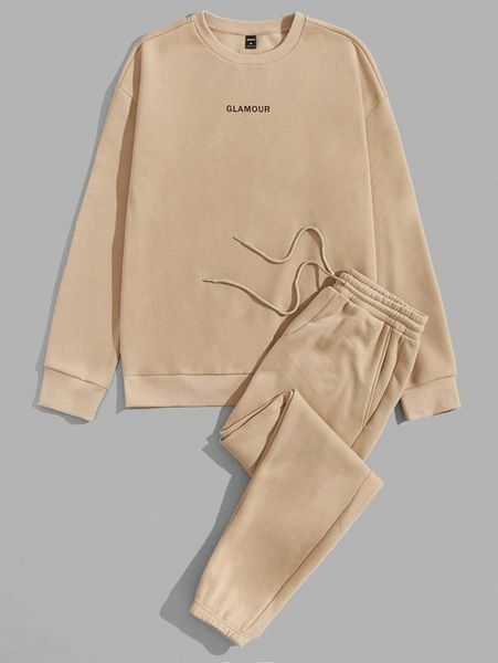 

men letter graphic thermal sweatshirt & drawstring waist sweatpants z3lf#, Gray