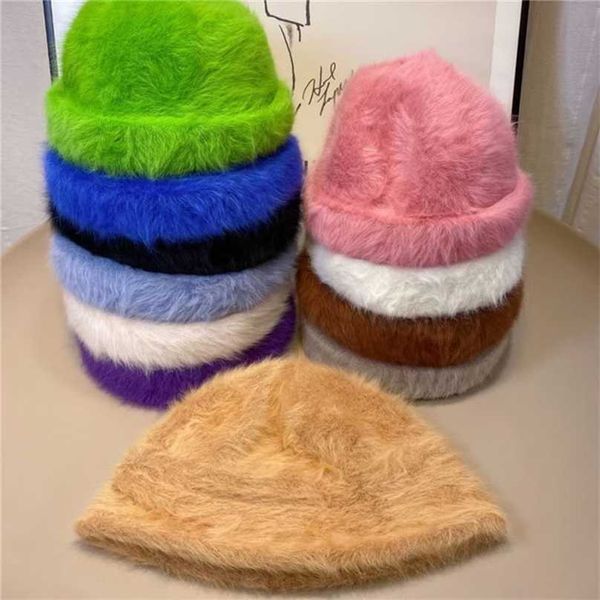 

real rabbit fur knitted hats for women skullcap men beanie winter retro brimless melon cap cuff docker fisherman beanies 211119, Blue;gray