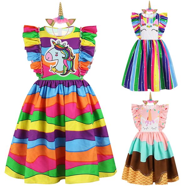 

girls unicorn dress 2020 summer children costume girl casual cartoon rainbow party princess dress kids dresses for girls clothes, Red;yellow