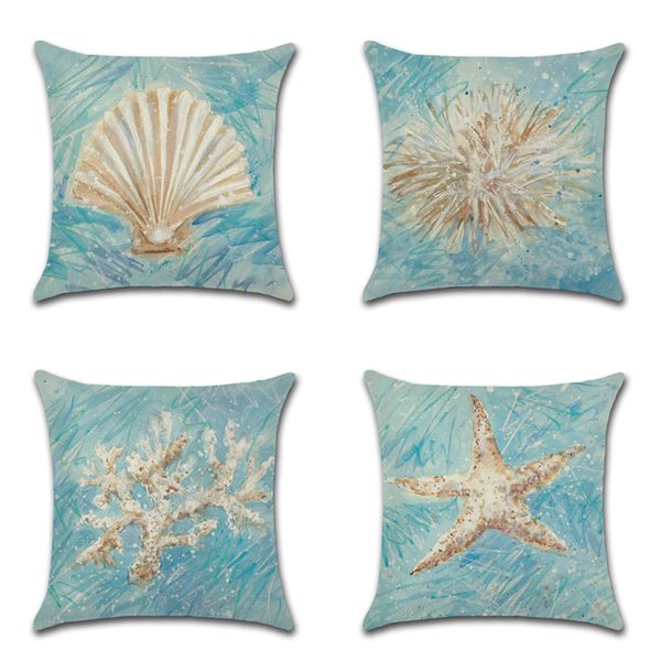 

cartoon hand drawn shell coral starfish printed cushion cover cotton linen ocean printed home decor pillowcase sofa cushion case