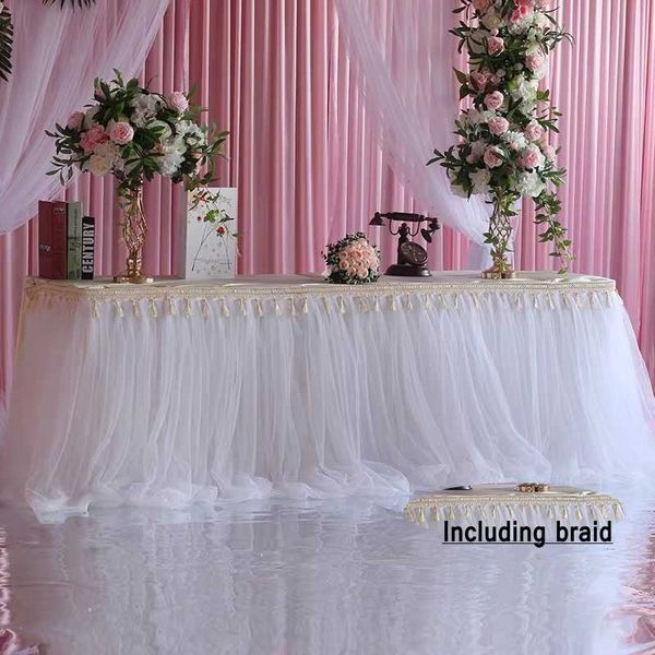 

tulle table skirt for wedding decor birthday baby shower party decoration tablecloth two layer ice silk fabric with braided band