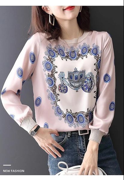 

women's blouses & shirts 2021 autumn women print pullovers lady vintage femme pink, White