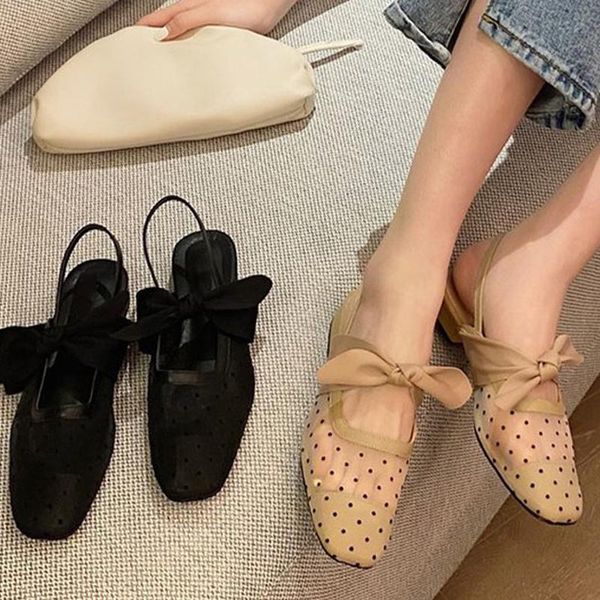 

sandals women polka dot 2021summer retro square toe mesh bow breathable female shallow low heel slip on footwear, Black