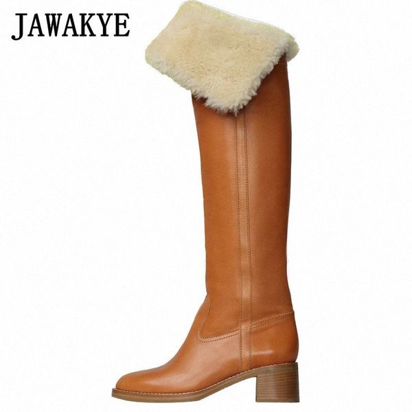 

new lambs wool soft leather over the knee high boots women winter fur knight boots warm roll wool chunky heels long winter p7ni#, Black