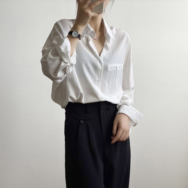 

2021 new minimalist office lady gentle vintage all match high street women loose plus elegance lapel solid chic shirts u4md, White