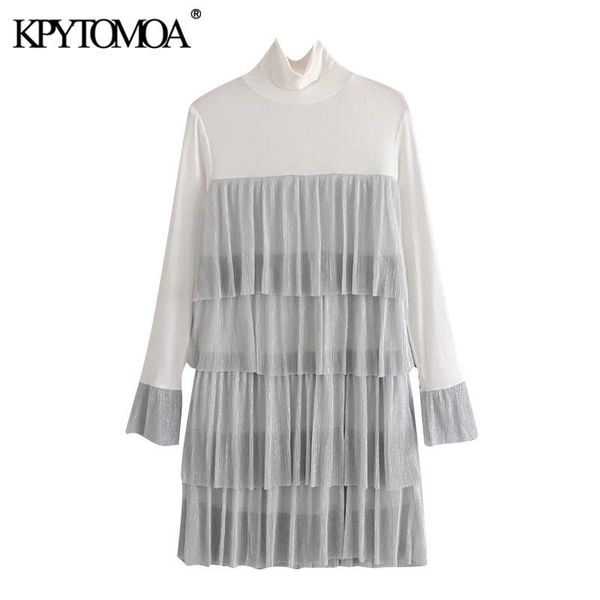 

casual dresses kpytomoa women 2021 chic fashion patchwork ruffle mini dress vintage high neck long sleeve female vestidos mujer, Black;gray