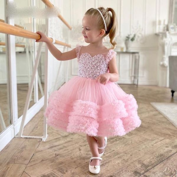 

girl's dresses custom made pearl pink tulle tiers beaded birthday dress year gown wedding bridal flower girl, Red;yellow