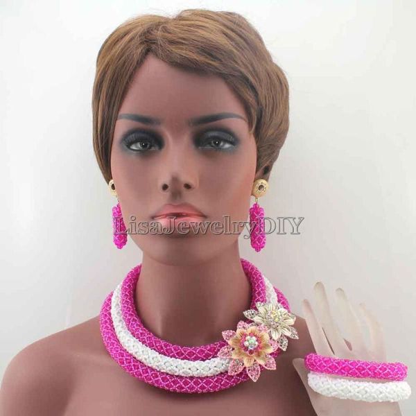 

earrings & necklace gorgeous fuchsia pink/white crystal beads traditional african wedding jewelry set hd7888, Silver