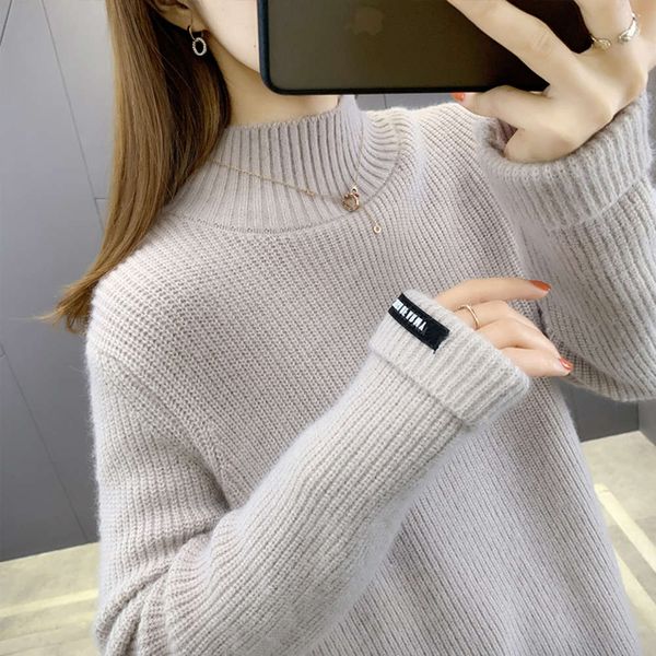 

design sense sweater for women's loose fit to wear new of 2021 autumn and winter western style thickened half high collar knitted, White;black