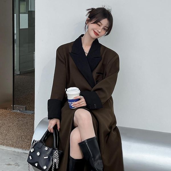 

women's jackets cmaz 2021 autumn winter thick coats for women french retro and style contrast color suit collar mid-length padded, Black;brown