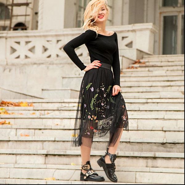 

summer style flower embroidery gauze long skirt fairy student pleated elastic high waist a line tulle skirts jupe mesh skirt, Black