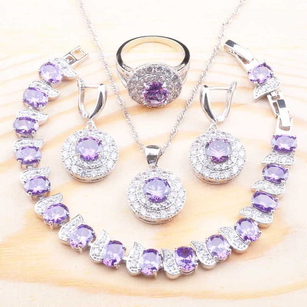 

amazing purple crystal silver plated jewelry set for women with bracelet necklace pendant earrings ring h1022