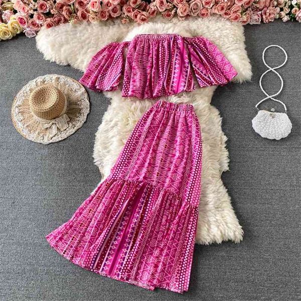 

summer women beach style clothing set floral print strapless flare sleeve crop + elastic waist long pleated skirt suits 210603, White