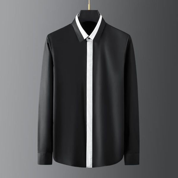 

men's casual shirts brand men long sleeve placket stitching shirt slim business formal dress banquet stage star tuxedo clothes, White;black