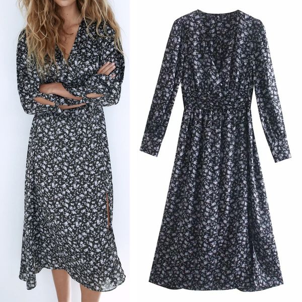 

new black 2021 printed satin midi women vintage v-neck flared hem waist pleats long sleeve dress woman elegant dresses swmz khwi, Black;gray