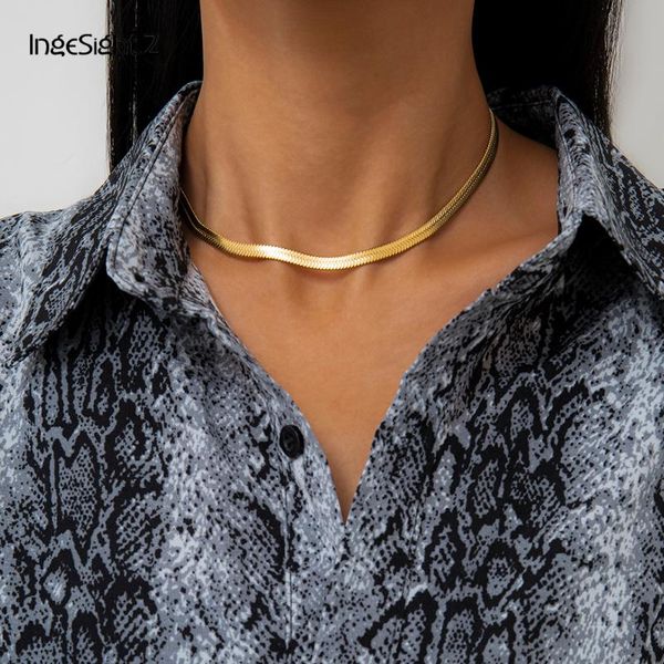 

chains ingesight.z simple stainless steel flat blade snake chain choker necklace gold color short clavicle collar jewelry gift, Silver