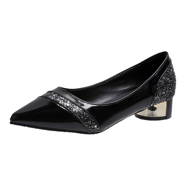

women's shoes 2021 new fashion shiny high heels soft soles comfortable non-slip thick heel shoes, Black