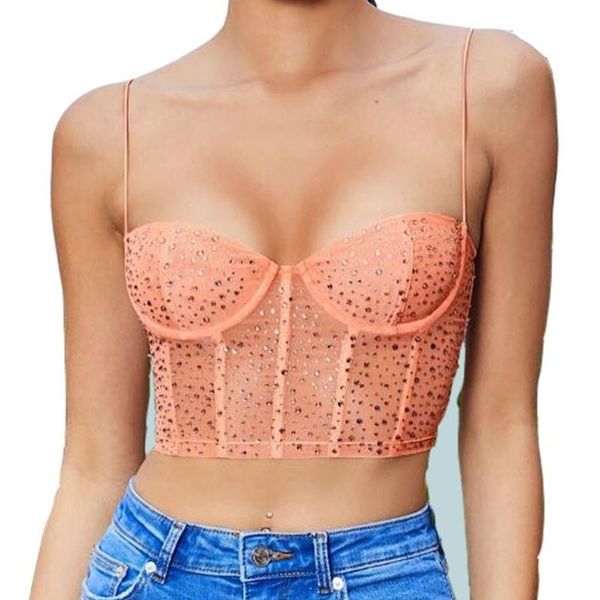 

women's tanks & camis diamonds mesh corset women camisoles sleeveless suspender strap bustier crop lady slim vest yellow/ black/ p, White