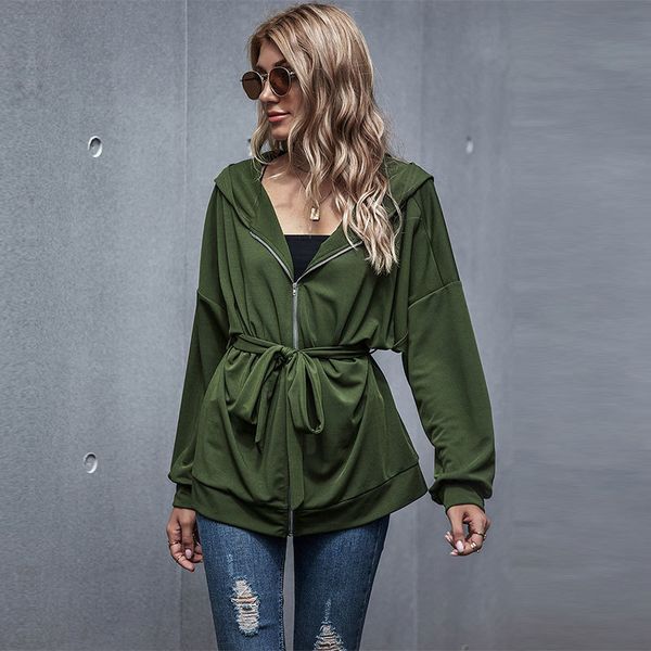 

2021 new autumn winter safari style bandage hooded women batwing sleeve solid jacket coat female with sashes mqpg, Black;brown